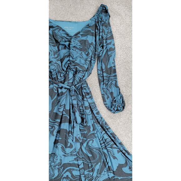 Ava & Viv‎ Swirl Maxi Dress Womens 1X Blue Mesh Ruched Long Balloon Sleeve - Picture 14 of 16